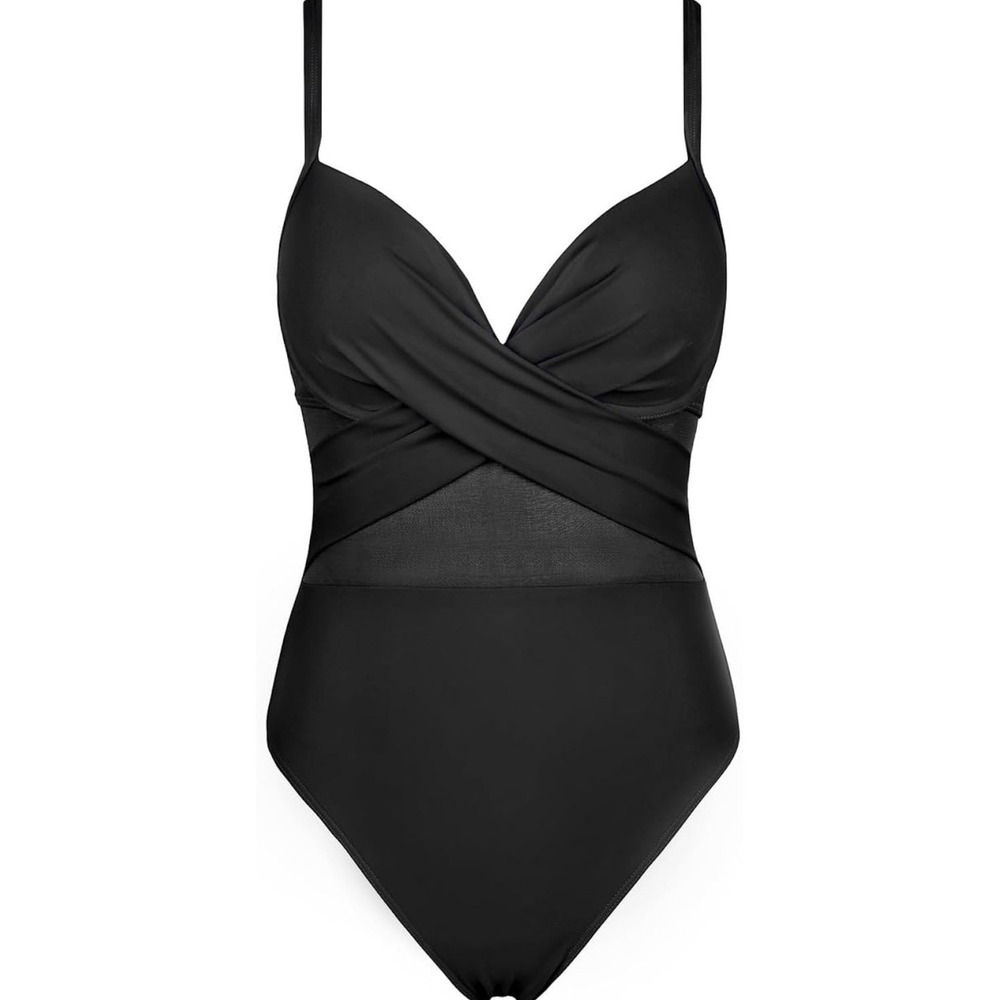 Hilor One Piece Swimsuit Women AU 12 Black Mesh Wrap Front Monokini Sweetheart